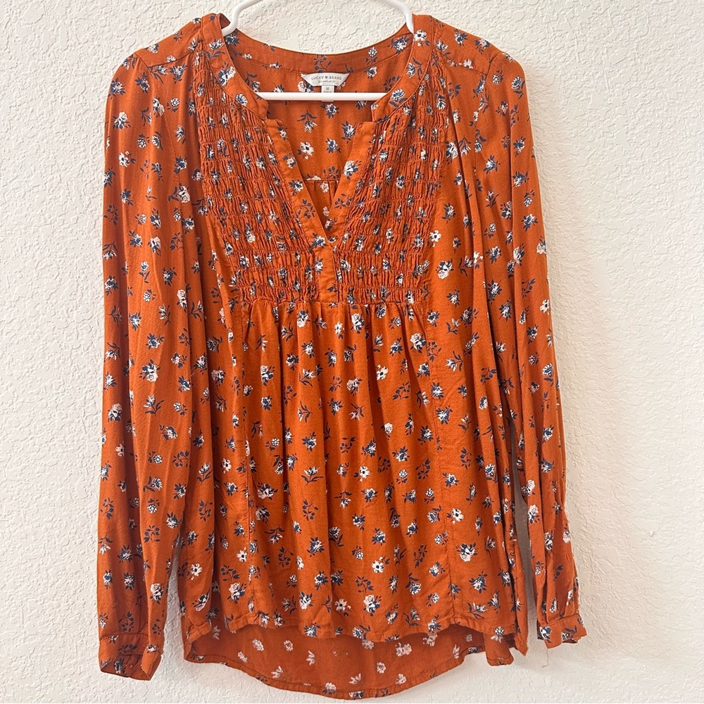 Lucky Brand Blouse Brown Floral Print Sz M